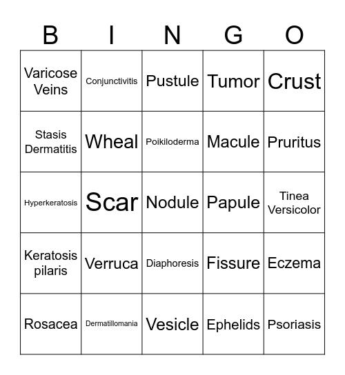 Diseases and Disorders of the Skin Bingo Card