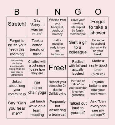 Remote Work Bingo Card
