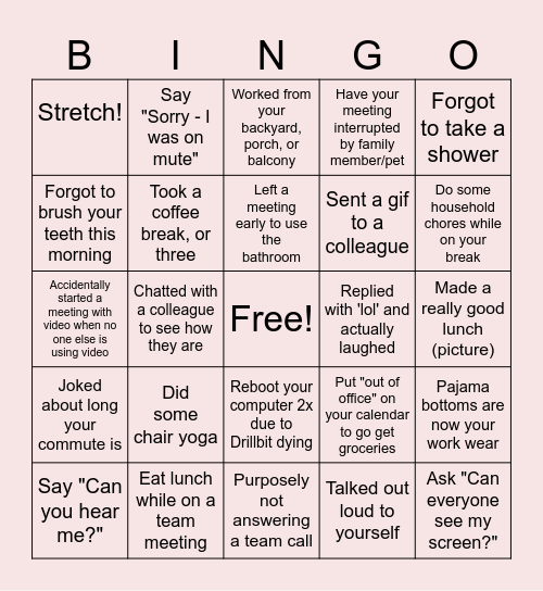 Remote Work Bingo Card