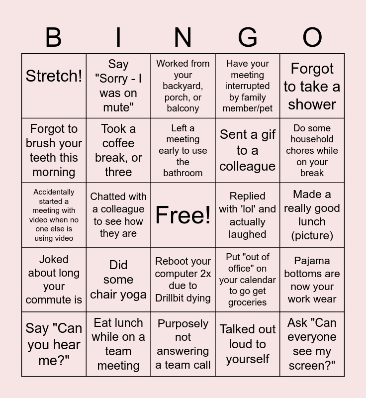 Remote Work Bingo Card