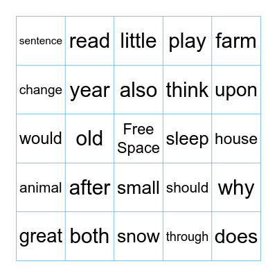 Sight Words Bingo Card