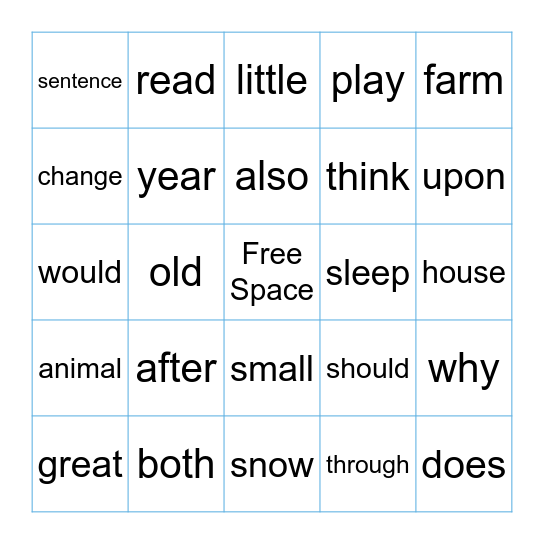 Sight Words Bingo Card