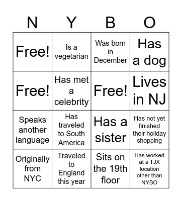 NYBO Bingo V2 Bingo Card