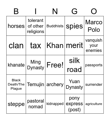 Crash Course Bingo: The Mongols Bingo Card