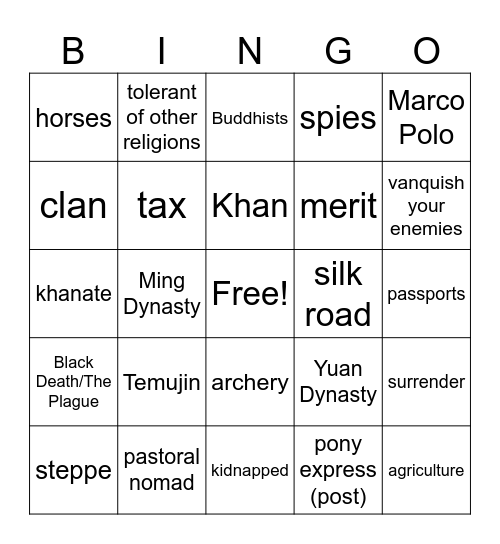 Crash Course Bingo: The Mongols Bingo Card