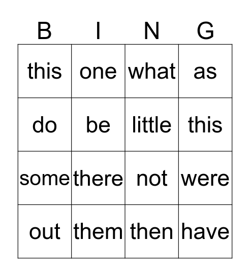 Sight Words Bingo Card
