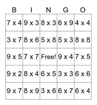 Multiplication Bingo Card