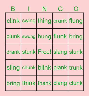 Phonics: ng nk & begining blends Bingo Card