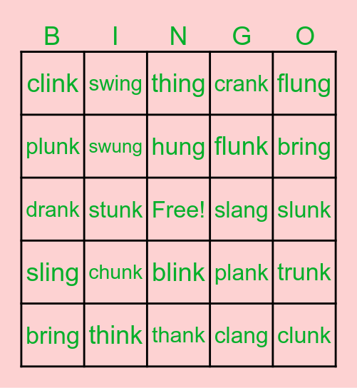 Phonics: ng nk & begining blends Bingo Card