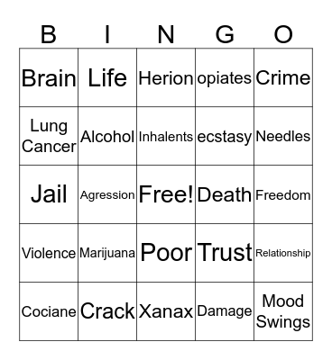 Drug Abuse Bingo Card