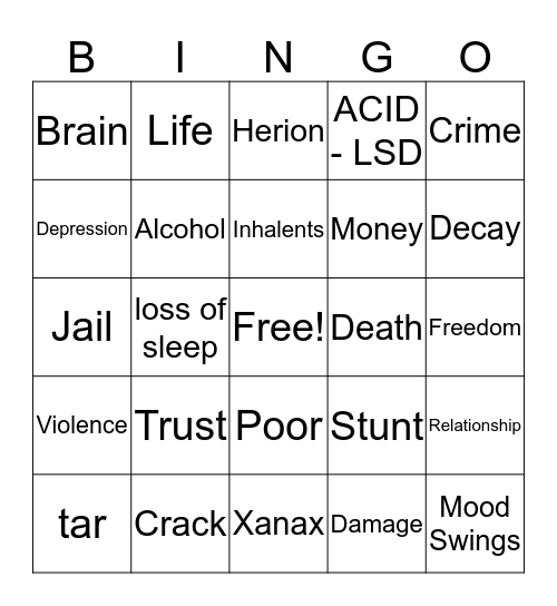 Drug Abuse Bingo Card