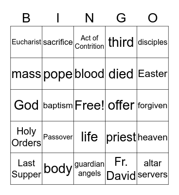 Second Grade CCD Bingo Card