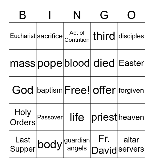 Second Grade CCD Bingo Card