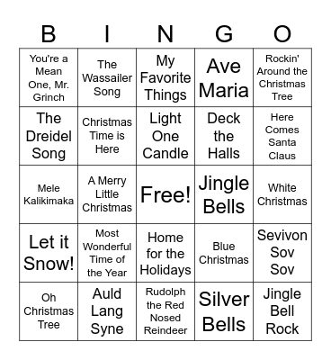 Holiday Song Bingo Card
