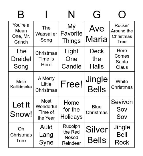 Holiday Song Bingo Card