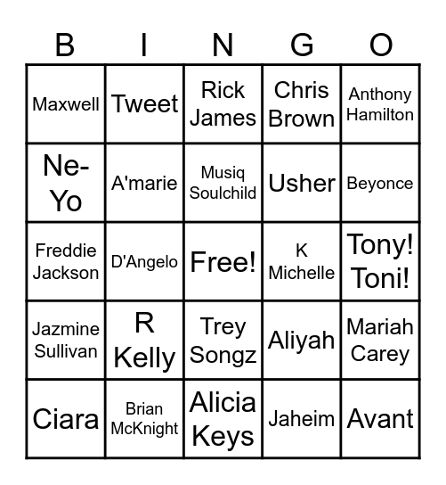 R & B Bingo Card