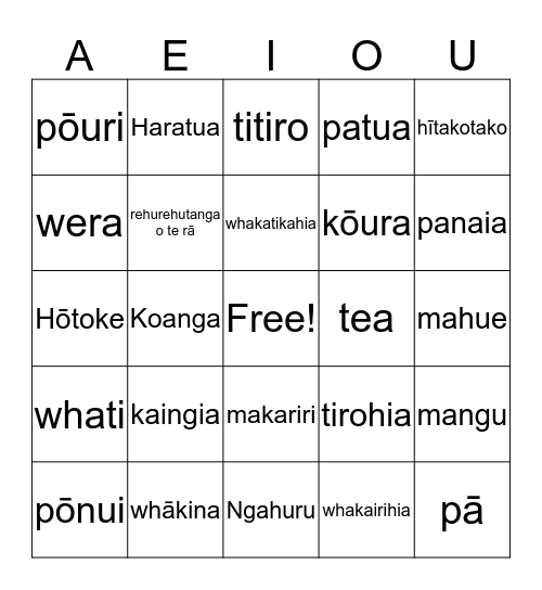 Kupu Māori Bingo Card