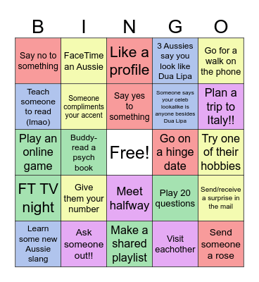 Aussie Dating Bingo Card