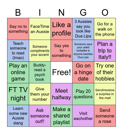 Aussie Dating Bingo Card