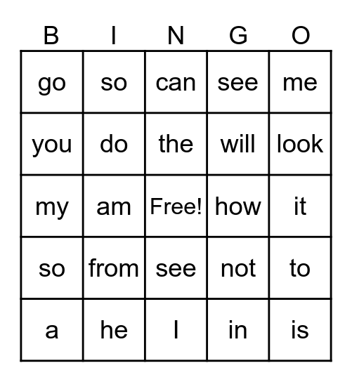 Sight Word Bingo Card