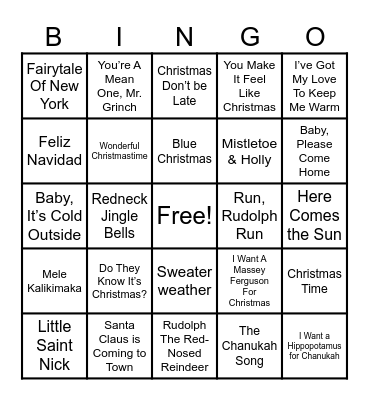 Holiday Songs Bingo Card