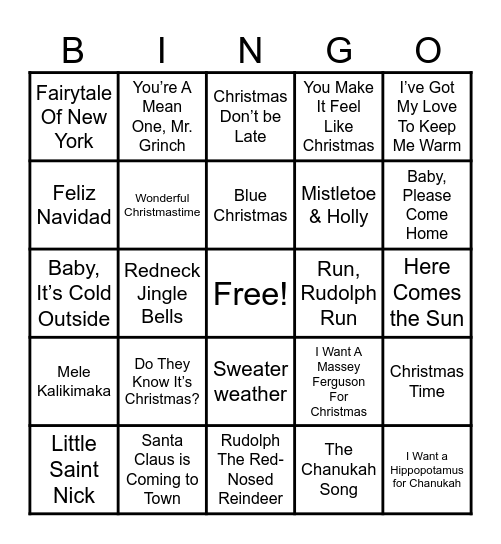 Holiday Songs Bingo Card