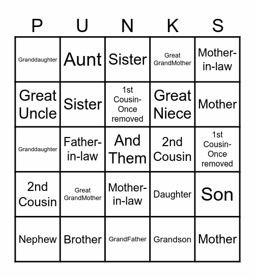 Mirts Family Bingo Card