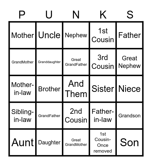 Mirts Family Bingo Card
