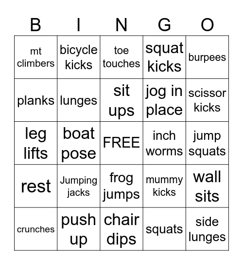 Fitness Bingo Card