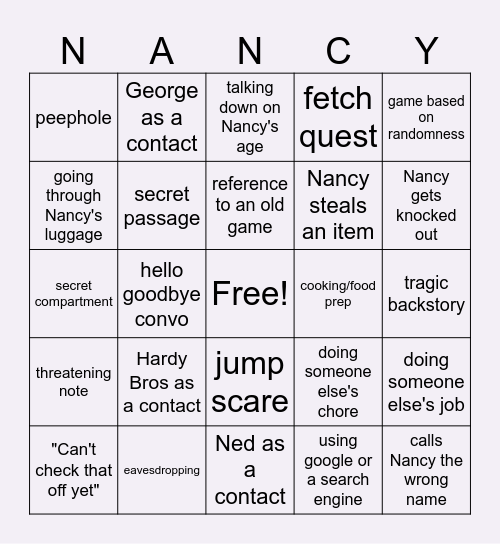 Nancy Drew Game Bingo Card