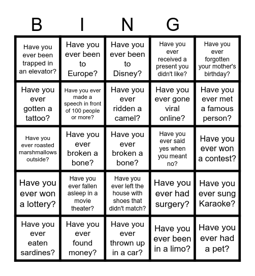 HAVE YOU EVER? holiday Bingo Card
