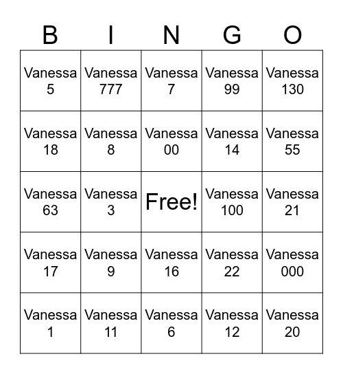 Vanessa's BINGO Card