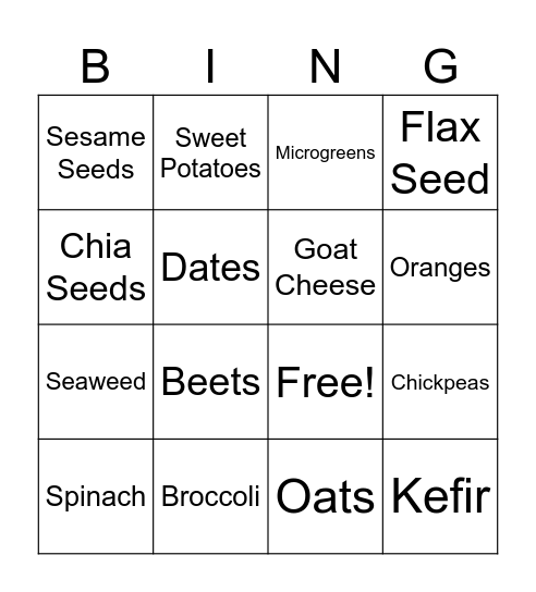 Nutrition Bingo Card