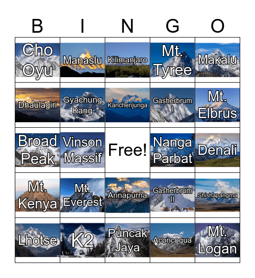 Mountains of the World Bingo Card
