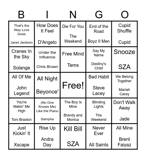 R & B Bingo Card
