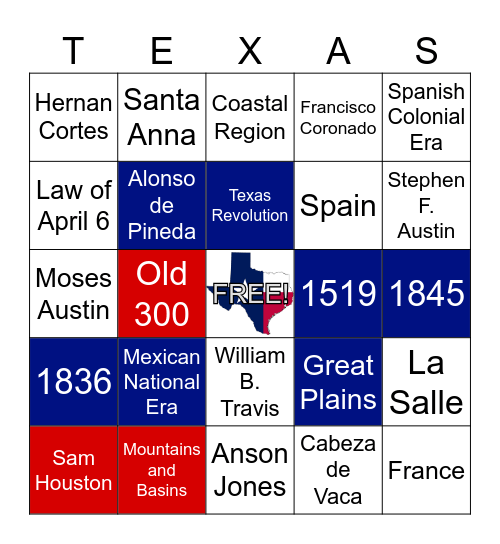 Texas History Units 1-5 Bingo Card
