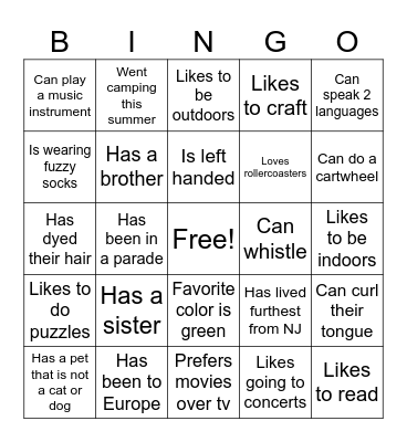 Getting To Know You Bingo Card