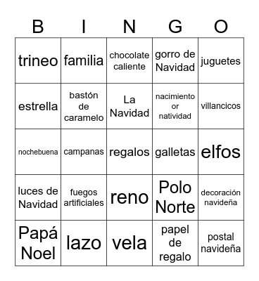 Christmas Spanish vocabulary Bingo Card