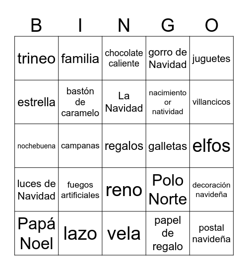 Christmas Spanish vocabulary Bingo Card