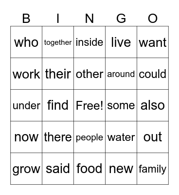 Unit 2 High Frequency Words Bingo Card
