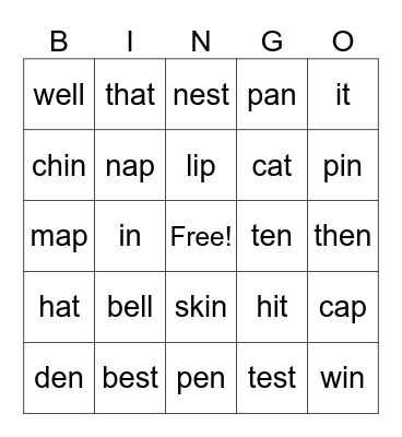 3 Front Short Vowel Sounds Bingo Card