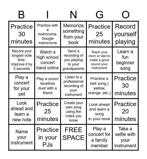 Winter Break Band/ Orchestra Bingo Card