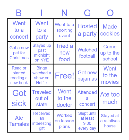 Winter Break Bingo Card