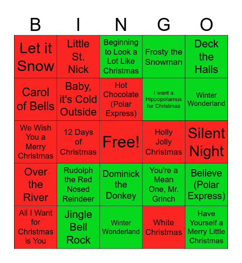 Holiday Music Bingo Card