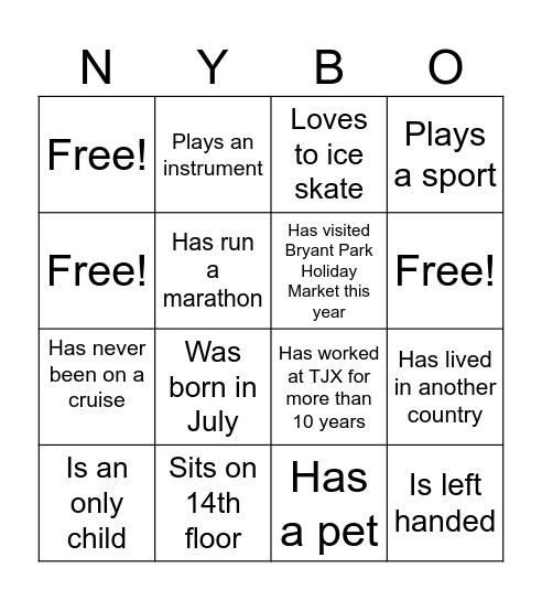 NYBO Bingo V1 Bingo Card