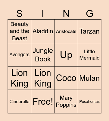 Disney Pixar Singo Bingo Card