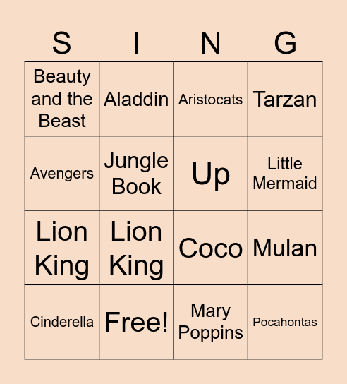 Disney Pixar Singo Bingo Card