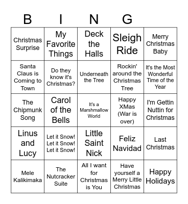 Christmas Songs Bingo Card