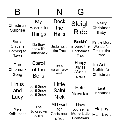 Christmas Songs Bingo Card