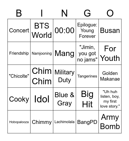 Bangtan Holiday Event Bingo Card